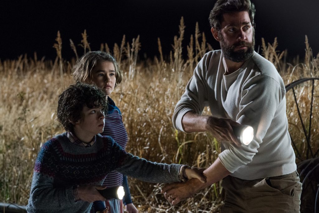 Left to right: Noah Jupe plays Marcus Abbott, Millicent Simmonds plays Regan Abbott and John Krasinski plays Lee Abbott in A QUIET PLACE. | Credit: United International Pictures